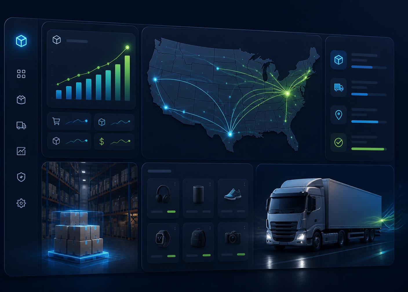 SwiftoApex BD warehouse dashboard showing US shipping routes, live order analytics, and same-day fulfillment